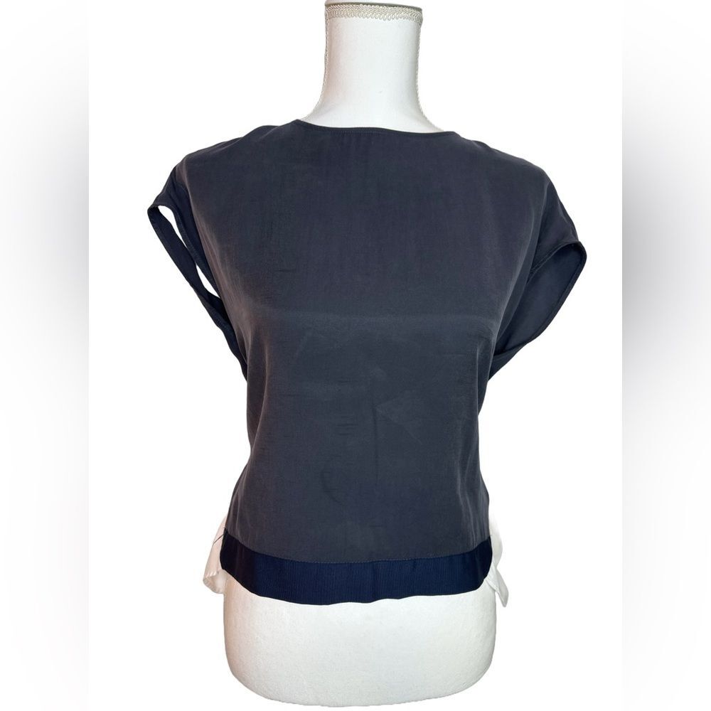 Zara Washed Black & White Modern High Low Blouse with Ribbon Bow Size XS